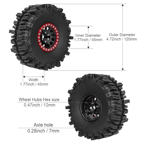 HobbyPark Soft Rubber 1/10 RC Crawler 1.9 Mud Slingers Tires 4.7inch 120mm and 1.9 Beadlocks Wheels Set for Scale RC4WD Axial SCX10 TRX4 Redcat Gen 8 Good Grip w/Foams (Black & Red Rims) - color: Black & Red Rims