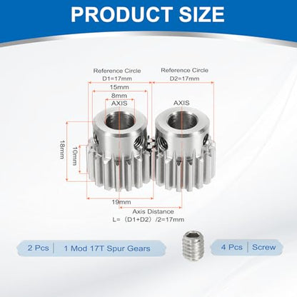 uxcell 2Pcs 1 Mod 17T Spur Gear 8mm Bore, 304 Stainless Steel Pinion Gear, 20°Pressure Angle, for Spur Rack and RC Model Car or Motor DIY(15mm) - size: 1 Mod 17T, 8mm x 15mm