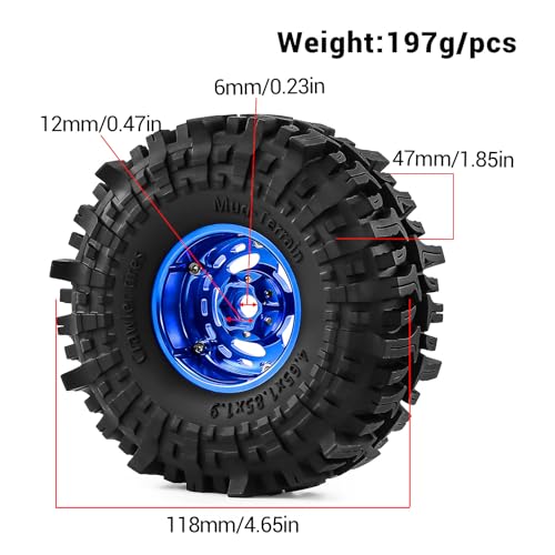 1.9" Alloy Wheels + Rubber Tires 4-Pack, Compatible with TRX4, SCX10, SCX10 III, 90046, D90 and Other Popular RC Crawler Models (blue) - color: blue