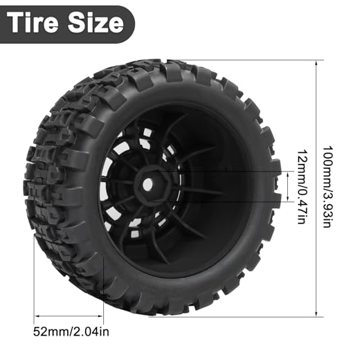 LRFHL 12mm Hex RC Wheel Tires 4PCS | for 1/16 Traxxas Mini Maxx 107154-1 Mini XRT VXL 108076-1 E-Revo Mini XRT MJX 16207 16210 HSP 94186 LOSI 1/18 Mini LMT - color: Black Tires+ Black Wheel-2