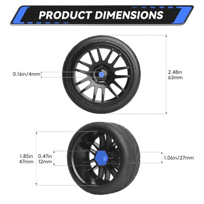 Preglued 1/10 On Road Wheels and Tires 12mm Hex Wheels Rubber Flat Racing Tires for Traxxas 4tec 2.0 3.0 Tamiya TT02 TT01 HPI RS4 Wltoys 144001 Kyosho Fazer 4PCS