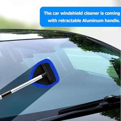 Car Windshield Cleaner Tool, Extendable Handle Pentagonal Vehicle Window Cleaning Kit with 4 Reusable Pads Spray Bottle, Auto Windscreen Detailing Cleaner, Universal Fit (Royal Blue) - size: Royal Blue