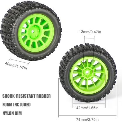 Pre-Glued 1/16 & 1/18 RC Monster Truck Rubber Tires & Plastic Wheels Rims | Rubber Tires with Foam Inserts Fits for ARRMA Granite 1/18 Granite/Typhon, WLtoys A949, MJX Hyper Go H16, 4Pcs-Green - color: Green