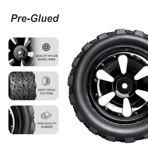 Hobbypark PreGlued 12mm Hex Wheels and Tires for 1/10 Scale RC Monster Truck Foam Inserts Compatible with Traxxas Rustler VXL Stampede 2WD Hoss 4x4, Set of 4