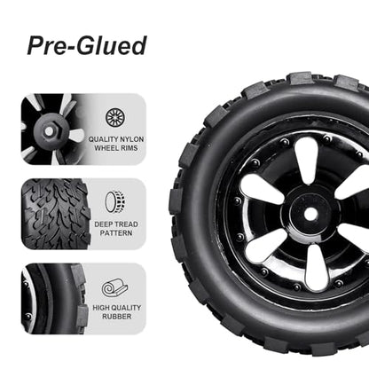 Hobbypark PreGlued 12mm Hex Wheels and Tires for 1/10 Scale RC Monster Truck Foam Inserts Compatible with Traxxas Rustler VXL Stampede 2WD Hoss 4x4, Set of 4