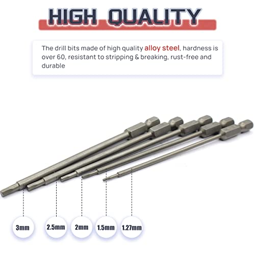 RC Hex Bit 1.27mm 1.5mm 2.0mm 2.5mm 3.0mm for Electric Screwgun/Power Drill | RC Tools Kit,Hex Head Allen Wrench Drill Bit Set,1/4" Hex Shank,High Hardness Steel