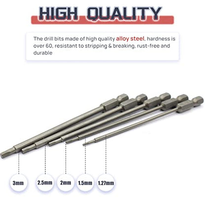 RC Hex Bit 1.27mm 1.5mm 2.0mm 2.5mm 3.0mm for Electric Screwgun/Power Drill | RC Tools Kit,Hex Head Allen Wrench Drill Bit Set,1/4" Hex Shank,High Hardness Steel