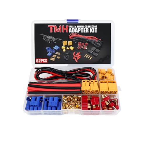 62 Pcs TMH EC3 / XT30 / XT60 / T-Plug Male and Female Adapter Connector Plug Kit with 14 AWG Silicone Wire and Heat Shrink Tubing for RC ESC Lipo Battery Motor Accessories (Total 62 PCS) - size: 62 Pcs