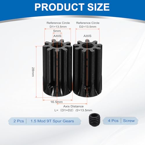 uxcell 2Pcs 1.5 Mod 9T Spur Gear 5mm Bore, 1045 Steel Pinion Gear Black Surface Treatment, 20°Pressure Angle, for Spur Rack and RC Model Car or Motor DIY - size: 1.5 Mod 9T, 5mm