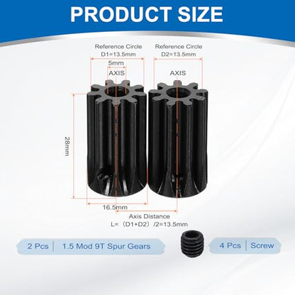 uxcell 2Pcs 1.5 Mod 9T Spur Gear 5mm Bore, 1045 Steel Pinion Gear Black Surface Treatment, 20°Pressure Angle, for Spur Rack and RC Model Car or Motor DIY - size: 1.5 Mod 9T, 5mm