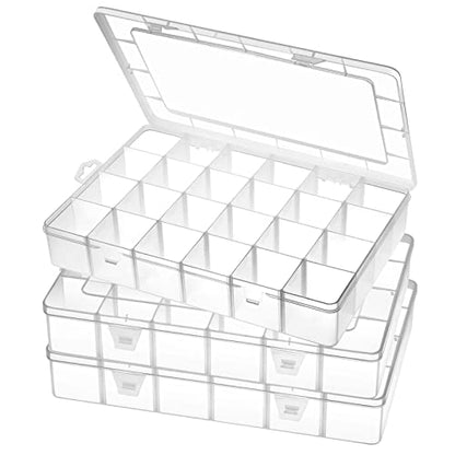Gbivbe Large 24 Grids Plastic Organizer Box Adjustable Dividers,Clear Storage Box for Jewelry, Art DIY Crafts, Washi Tapes, Beads and Small Parts(3 Pack) - color: Clear-3