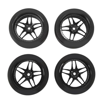4pcs RC Tires Wheels Rims Set, 1/10 Scale Rubber Tires with 12mm Hex Hub, 26mm Wide Smooth Drift Tires for RC Racing and Drifting Cars Compatible with TT01 HSP (Black) - color: Black