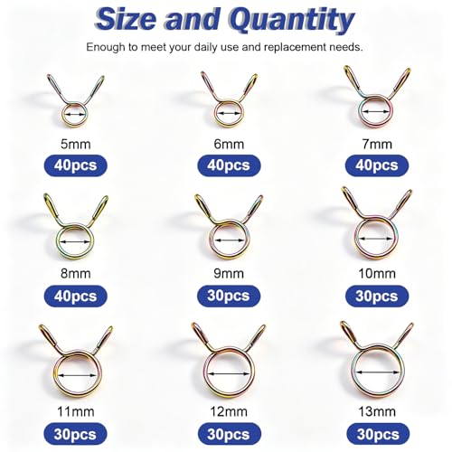 Tnisesm 310Pcs 5-13mm 9 Size Spring Clips Clamps Assortment Kit, Fuel Line Hose Tubing Spring Clips Clamps for Motorcycle Scooter ATV