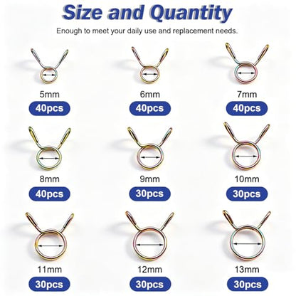 Tnisesm 310Pcs 5-13mm 9 Size Spring Clips Clamps Assortment Kit, Fuel Line Hose Tubing Spring Clips Clamps for Motorcycle Scooter ATV