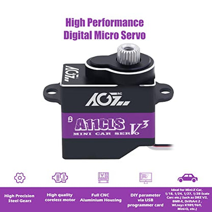 AGFRC Mini-Z Car 0.05Sec High-Speed RC Micro Servo Motor (A11CLS V3) | 1.4kg Torque, Titanium Gear, Coreless Motor, Programmable, Fits Mini-Z, 1/24-1/28 Scale RC Cars. 20x21x11.3mm, 11g - style: A11CLS V3 Purple