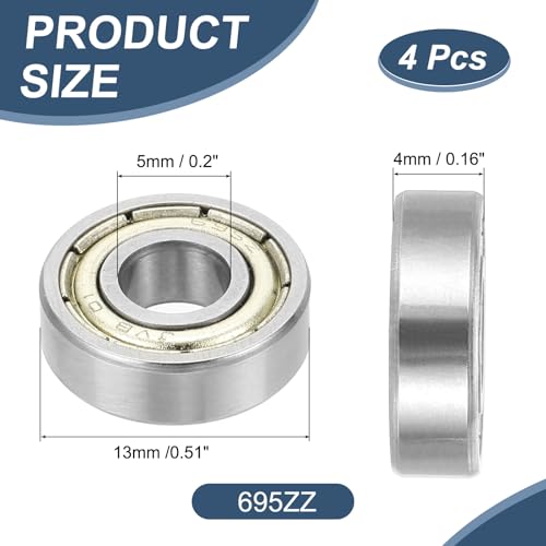 uxcell 4 Pack 695ZZ Deep Groove Ball Bearings, 5x13x4mm Chrome Steel Double Shield Bearing for Electric Motor, Home Appliances, Garden Machinery, (ABEC5) - size: 695ZZ