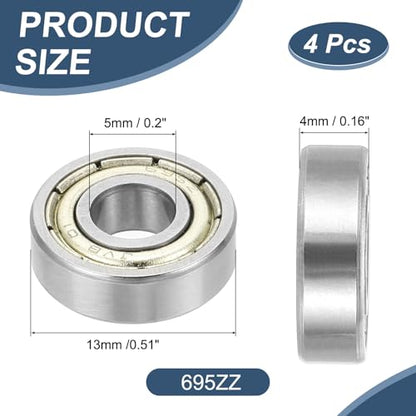 uxcell 4 Pack 695ZZ Deep Groove Ball Bearings, 5x13x4mm Chrome Steel Double Shield Bearing for Electric Motor, Home Appliances, Garden Machinery, (ABEC5) - size: 695ZZ