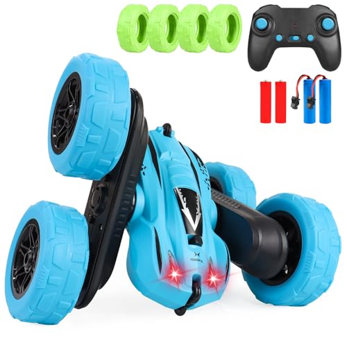 Remote Control Car for Kids, 360° Rotating Stunt Car, Double-Sided Driving, 2.4GHz RC Car with LED Headlights, Rechargeable All Terrain Toy, Extra 4 Green Wheels, Gift for Boys Girls Ages 4-8 6-12 - color: Blue+extra 4 Green Wheels