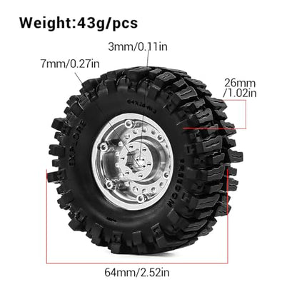 1.3" Beadlock Wheels and Tires for SCX24 TRX4M 1/18 1/24 RC Crawler – Aluminum CNC Rims, Rubber Tires with Foam Inserts, Upgrade Parts (Silver)