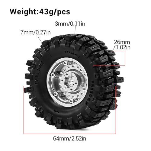 1.3" Beadlock Wheels and Tires for SCX24 TRX4M 1/18 1/24 RC Crawler – Aluminum CNC Rims, Rubber Tires with Foam Inserts, Upgrade Parts (Silver)