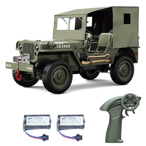 RC Military Truck, 1:10 Scale Remote Control Car, 2.4GHz 4WD Off Road RC Rock Crawler, All Terrain RC Crawler Army Vehicle with LED Lights, Winch, Canvas Cover and 2 Batteries for Adults
