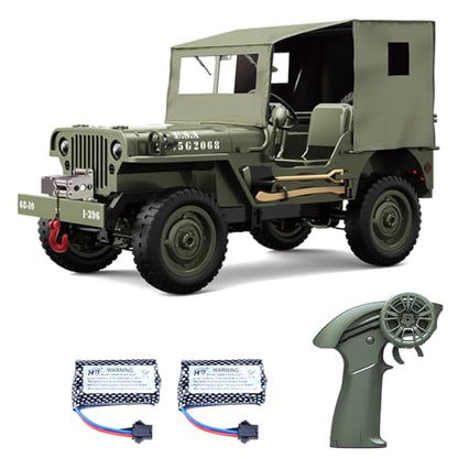 RC Military Truck, 1:10 Scale Remote Control Car, 2.4GHz 4WD Off Road RC Rock Crawler, All Terrain RC Crawler Army Vehicle with LED Lights, Winch, Canvas Cover and 2 Batteries for Adults