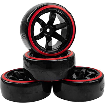 1/10 RC Drift Car Tires Hard Plastic Tyre & 12mm Hex Hub Wheel Rims 6 Spoke Compatible with Traxxas HSP Tamiya Kyosho HPI Redcat Racing MST 1/10 On-Road RC Drift Drifting Car (Red2) - color: Red2