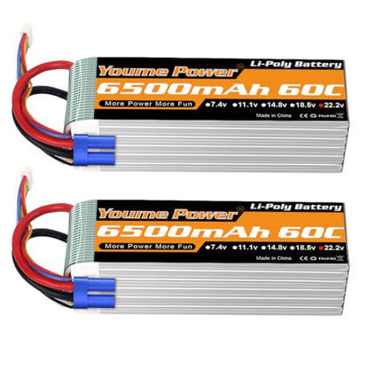 Youme 6S LiPo Battery 22.2V 6500mAh 60C EC5 Plug 2Packs for RC Car Plane | Soft Case 22.2V RC Battery high energy density for 1/6 1/7 Car Truck 550/700/800 Helicopter Airplane EDF jets boats