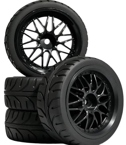 OD 2.55" On Road Rubber Tires Nylon Wheels- 12mm Hex for 1/10 RC Racing Car | Compatible with MJX HSP Tamiya HPI Kyosho Traxxas Sakura Redcat WLtoys 1/10 RC On-Road Racing Touring Car (4pcs, Black) - style: B-Black