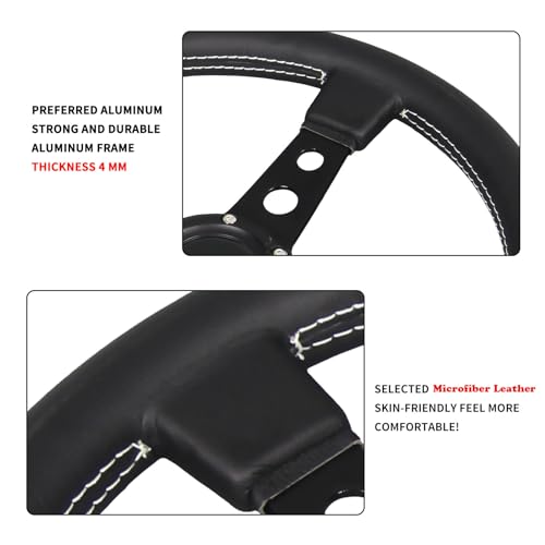 Car Drift Flat Steering Wheel Black Leather Grip 14inch/350mm Racing Sport Steering Wheel with White Stitching - color: black