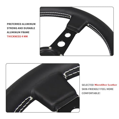Car Drift Flat Steering Wheel Black Leather Grip 14inch/350mm Racing Sport Steering Wheel with White Stitching - color: black