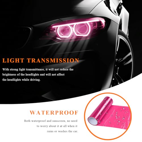 Sun Walker Car Light Tint Film, 12 x 48 Inch Waterproof Taillight Wrap Film Roll with Squeegee & Cutter, Self-Adhesive Vinyl Sticker Sheet Roll for Headlights Fog Lights Tail Lights (Pink) - color: Pink