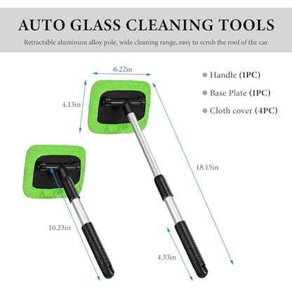 Car Windshield Cleaner Tool, Detachable Car Window Cleaner with Aluminum Extendable Handle & 2 Reusable Cloth Pads, Washable Vehicle Windshield Cleaning Wand for Exterior (Green) - color: Green