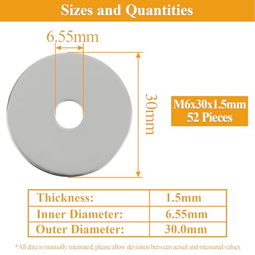 52 Pieces M6x30x1.5mm Fender Washers, 304 Stainless Steel Flat Washers, Fender Washers, Metal Washers for Screws Bolts - size: M6X30X1.5mm