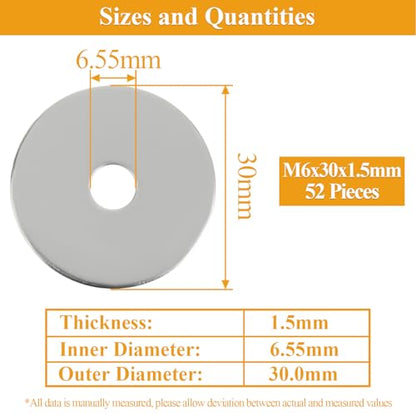 52 Pieces M6x30x1.5mm Fender Washers, 304 Stainless Steel Flat Washers, Fender Washers, Metal Washers for Screws Bolts - size: M6X30X1.5mm