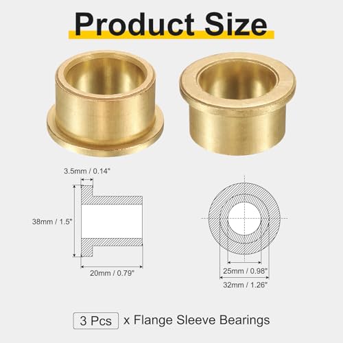 uxcell 3Pcs Flange Sleeve Bearings, 25mm Bore x 32mm OD x 20mm Length, Self-Lubricating Sintered Bronze Bushings - size: 25mm Bore x 32mm OD x 20mm Length