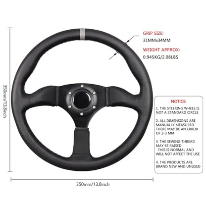 350mm Gray Stripe Racing Steering Wheel Black Genuine Leather Grip 6 Bolts Sport Steering Wheel with Horn Button Gray Stitching - color: Gray Stripe