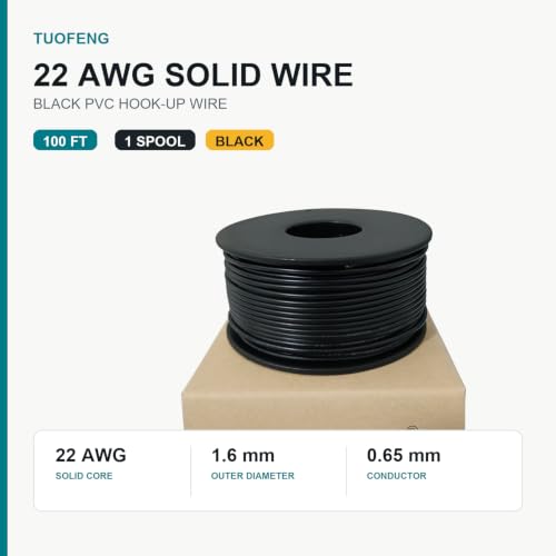 TUOFENG 22 AWG Solid Core Wire 100 ft, Black PVC Hook-Up Wire, 300V - size: 22 AWG solid wire black 100ft