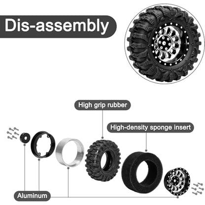 LRFHL 1.3" Beadlock Wheel Tires Aluminum for SCX24 TRX4M, 4PCS, Silver | Upgraded 1.45-inch Wheel, 1/24 SCX24 1/18 TRX4M RC Crawler Car Upgrade - color: Black Tires+ Silver Wheels-3