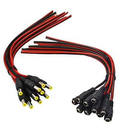 (Real 18AWG) 10 Pair 12V 5A DC Pigtail Barrel Plug Connector Cable | 2.1mm x 5.5mm, Male & Female DC Power Pigtail Connectors, for CCTV Security Camera, 12V Power Supply Adapter, LED, Router