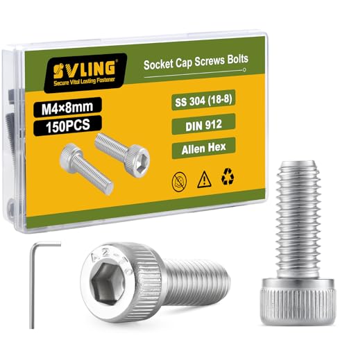 M4-0.7 x 8mm Bolt, 150PCS M4 Hex Socket Head Cap Screws Bolts, 304 Stainless Steel 18-8, Full Threads, Allen Socket Drive, with Hex Spanner - size: M4x8mm