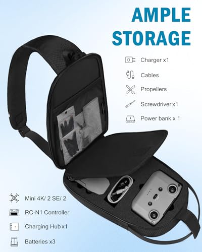 Mini 4K Case, for DJI Mini 4K/2/2 SE, RC-N1 Controller, Drone Bag | Waterproof, Travel Drone Sling Backpack, for Charging Hub and 3 Batteries, Hard Carrying Case for DJI Drone Accessories