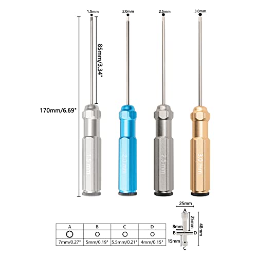 4Pcs RC Screw Driver Kit, 1.5/2.0/2.5/3.0mm Nut Screwdrivers with Small Cross Wrenches Sleeve, Hex Driver Repair Tool Set for RC Car Helicopter Models
