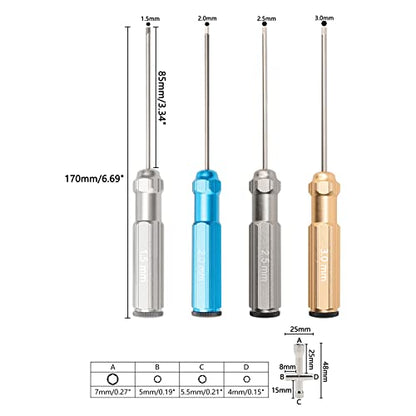 4Pcs RC Screw Driver Kit, 1.5/2.0/2.5/3.0mm Nut Screwdrivers with Small Cross Wrenches Sleeve, Hex Driver Repair Tool Set for RC Car Helicopter Models