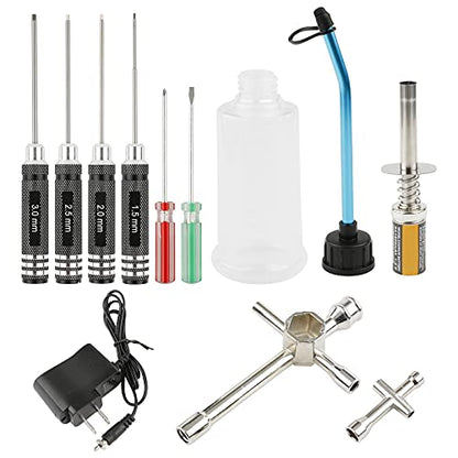 Nitro Starter Glow Plug Igniter Charger Screwdrivers Wrench Fuel Bottle Tools Combo for Nitro Powered 1/8 1/10 RC Car Buggy Truck HSP Redcat Traxxas etc
