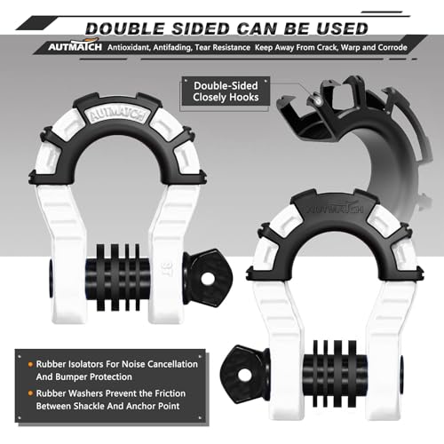 AUTMATCH D Ring Shackles 3/4" Mega Shackle (2 Pack) 68,000Ibs Break Strength - Heavy Duty Clevis Shackles with 7/8" Screw Pin and Isolator Washer for Tow Strap Winch Off Road Vehicle Recovery, White - color: White & Black