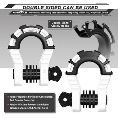 AUTMATCH D Ring Shackles 3/4" Mega Shackle (2 Pack) 68,000Ibs Break Strength - Heavy Duty Clevis Shackles with 7/8" Screw Pin and Isolator Washer for Tow Strap Winch Off Road Vehicle Recovery, White - color: White & Black