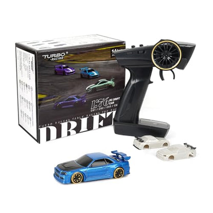 Turbo Racing 1:76 Scale Drift RC Car, Mini Table Racing Model Car with 2.4G Remote Control & Gyro Full Proportional RTR for Adults Hobby Toys Gifts (C64-Blue) - style: C64-Blue
