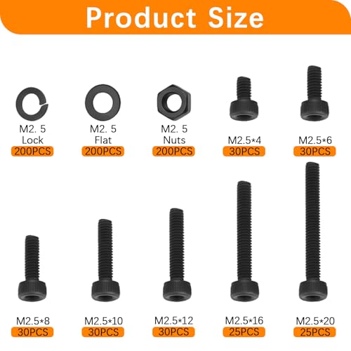 800 Pcs M2.5 x 4mm/6mm/8mm/10mm/12mm/16mm/20mm Socket Head Screws M2.5 Long Screws Metric Screws Bolts Washers Nuts Kit Machine Screw Assortment Kit 12.9 Grade Alloy Steel Fully Threaded for Furniture - size: M2.5x4/6/8/10/12/16/20mm-800Pcs