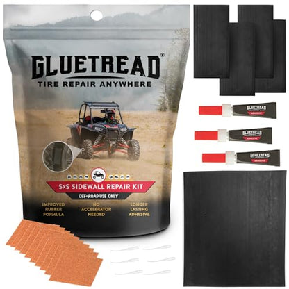 GlueTread SXS Sidewall Tire Repair Kit, Off Road UTV ATV Tire Patch Kit | Mends Side Wall Punctures and Gashes with Rubber & Glue, No Need to Remove Wheel, Fixes Up To 4-6 Tubeless Flats, Emergency
